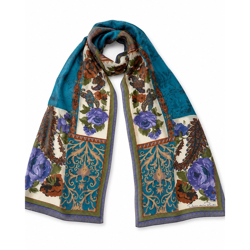 Oscar de la Renta Scarf Women OS Blue Floral Paisley Silk Vintage Luxury Chic